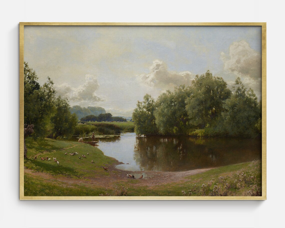 Vintage Farm Pond Landscape, Antique Oil Painting