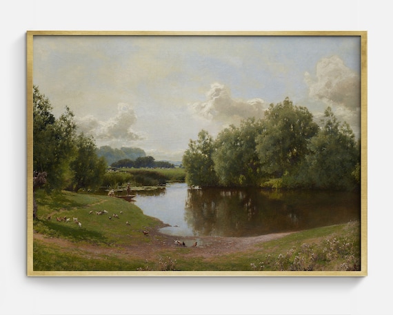 Vintage Farm Pond Landscape, Antique Oil Painting