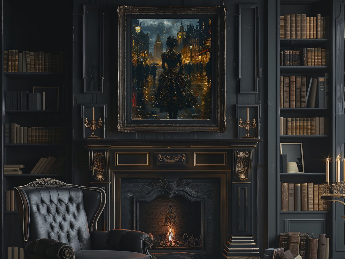 Victorian Woman Rainy London Night Black Lace Big Ben Glow Poster - Image 2