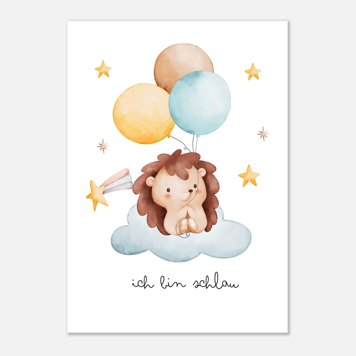 Sweet Hedgehog With Balloons On Cloud 'I Am Smart' Nursery Poster - Image 2