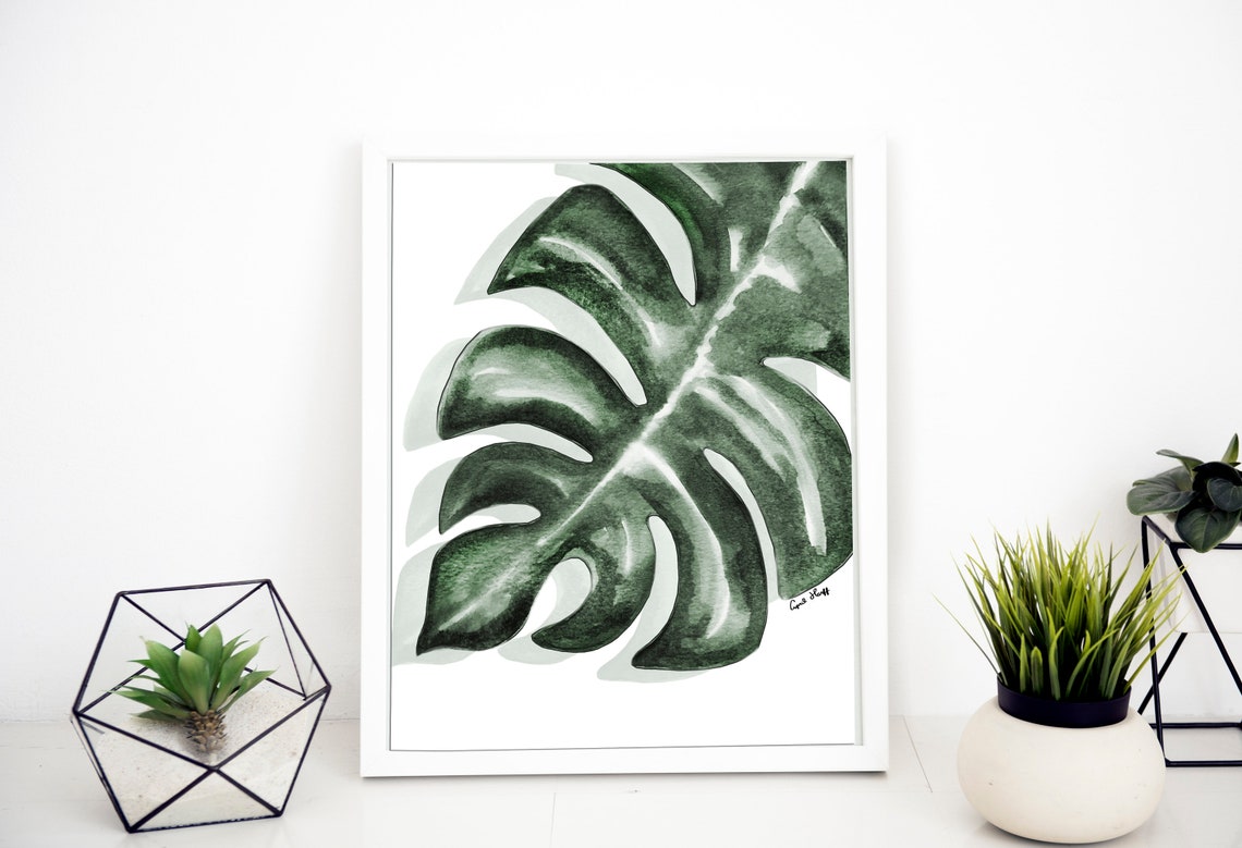 Single Monstera Leaf Shadow Watercolor Print Minimalist Botanical Art - Image 3