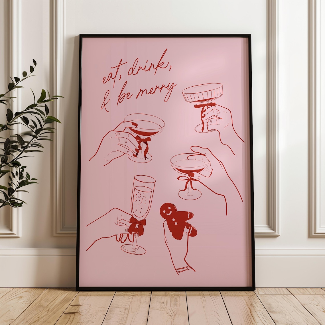 Eat Drink And Be Merry Cream Red Line Art Holiday Toast Poster - Image 2