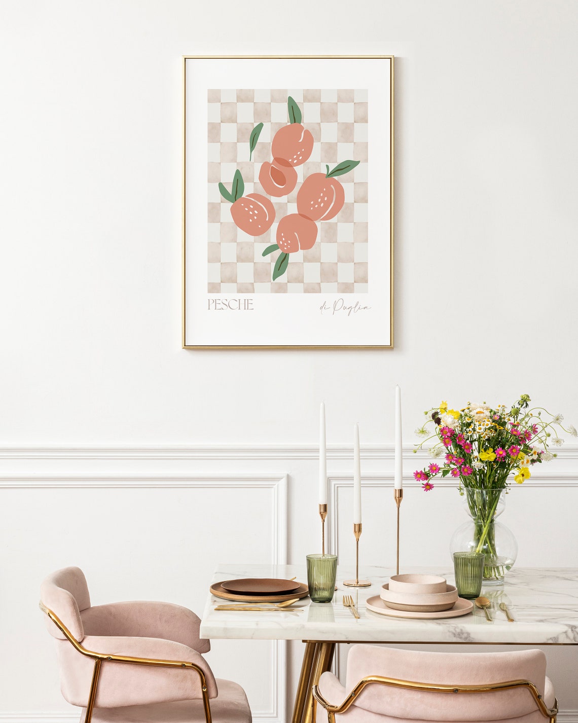 Pesche di Puglia Peaches Checkered Italian Kitchen Wall Decor Poster - Image 3