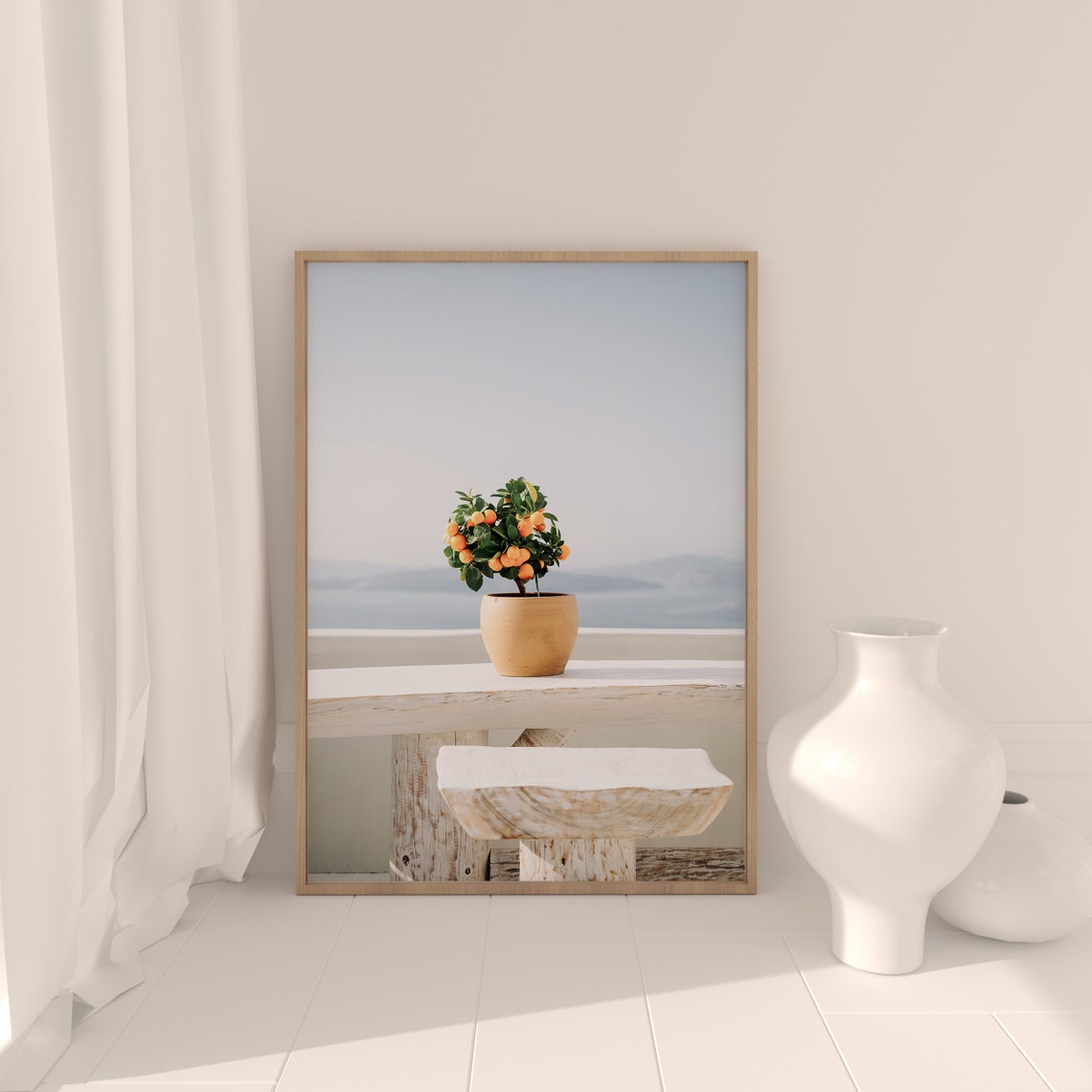 Santorini Orange Tree Terracotta Pot White Table Mediterranean Poster - Image 3