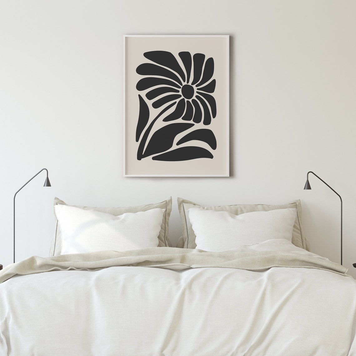 Black Retro Daisy With Leaves On Beige Organic Botanical Poster - Image 2