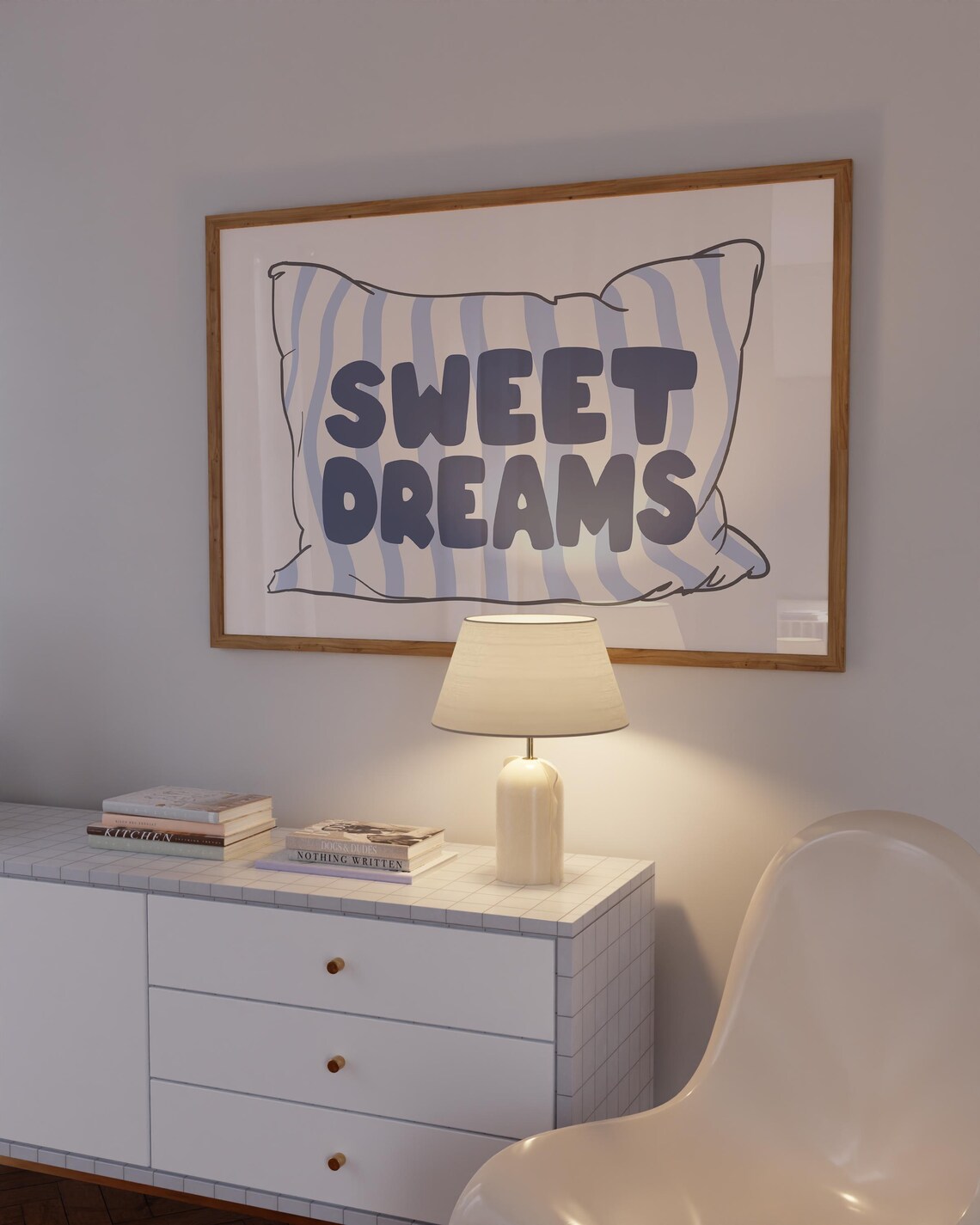 Sweet Dreams Blue Striped Pillow Cozy Kids Bedroom Quote Poster - Image 4
