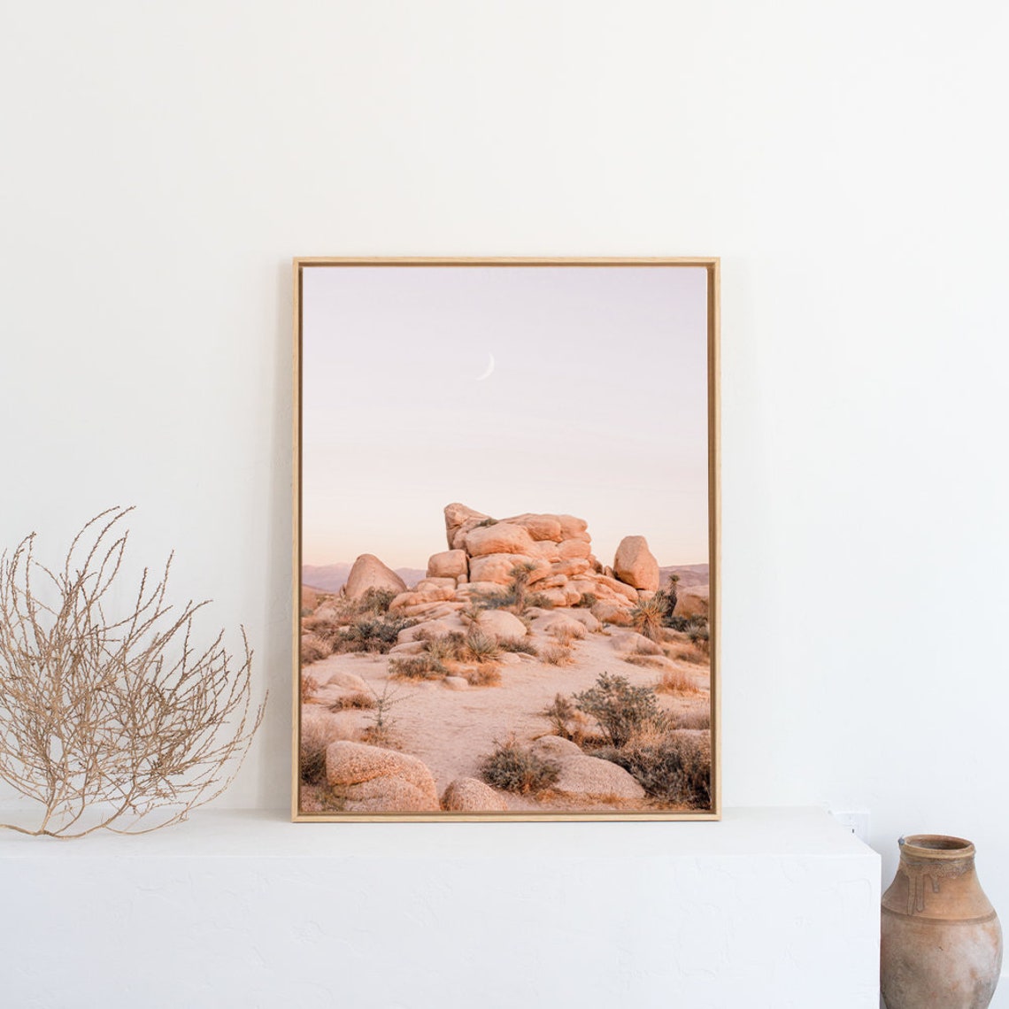 Joshua Tree Boulders Under a Crescent Moon at Desert Dusk Poster - Image 3
