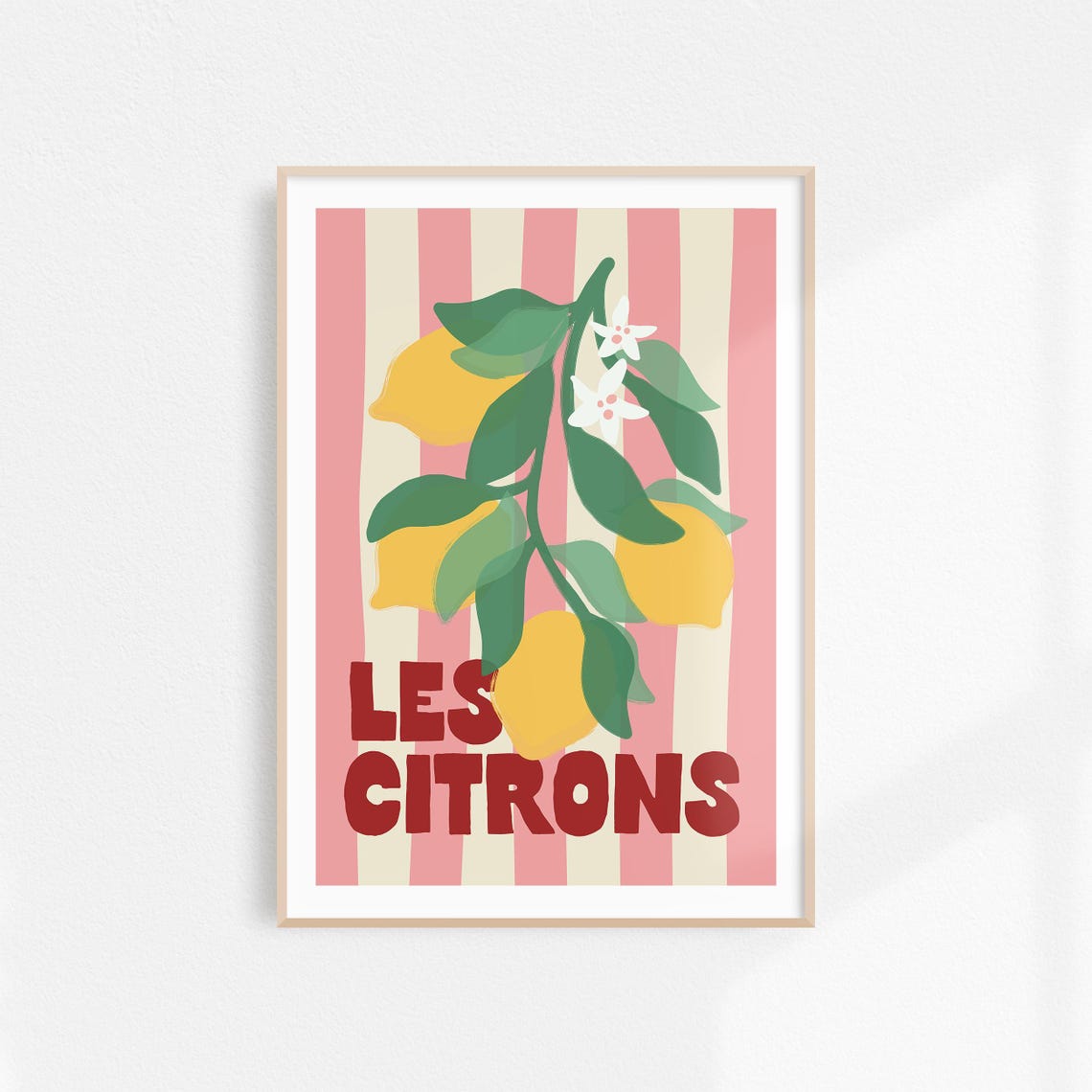Les Citrons Lemon Branch on Pink Stripes French Kitchen Poster