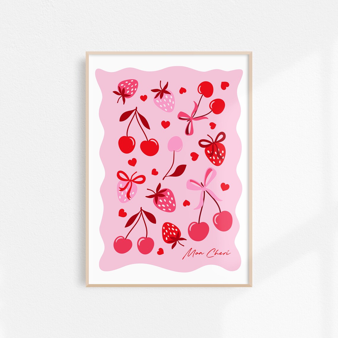 Mon Cheri Strawberry Cherry Bow Red Art Coquette Summer Poster