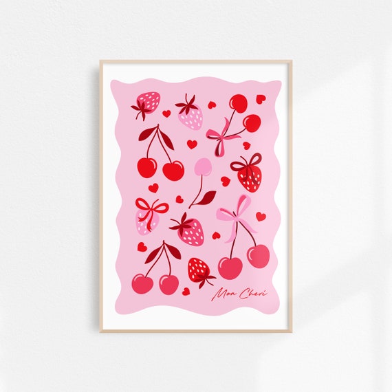 Strawberry Poster Coquette Room Decor Bows Cherries Mon Cheri Print Retro Strawberry Art Cherry Poster Retro Kitchen Decor