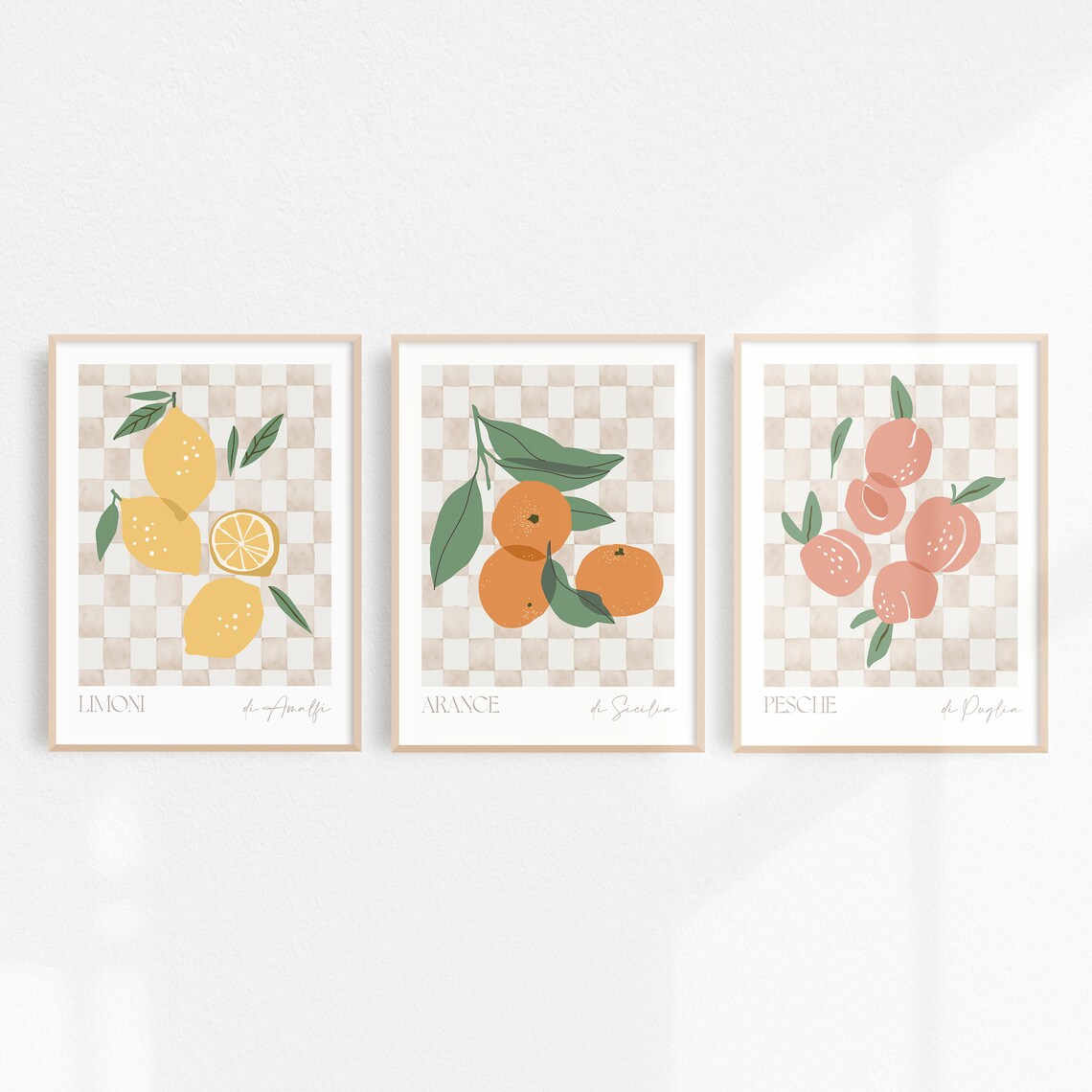 Italian Fruit Prints Set Of 3 Lemon Orange Peach Checkerboard Poster