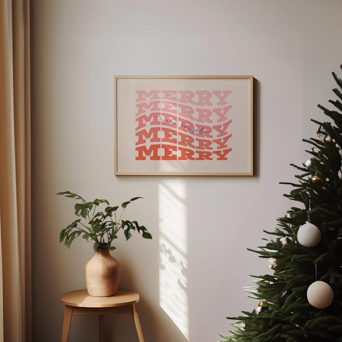 Merry And Bright Retro Wavy Lettering Christmas Holiday Poster - Image 2