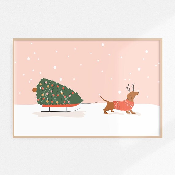 Dachshund Christmas Wall Art Cute Christmas Art Christmas Gift For Dog Lover Retro Holiday Decor Red Pink Festive Poster