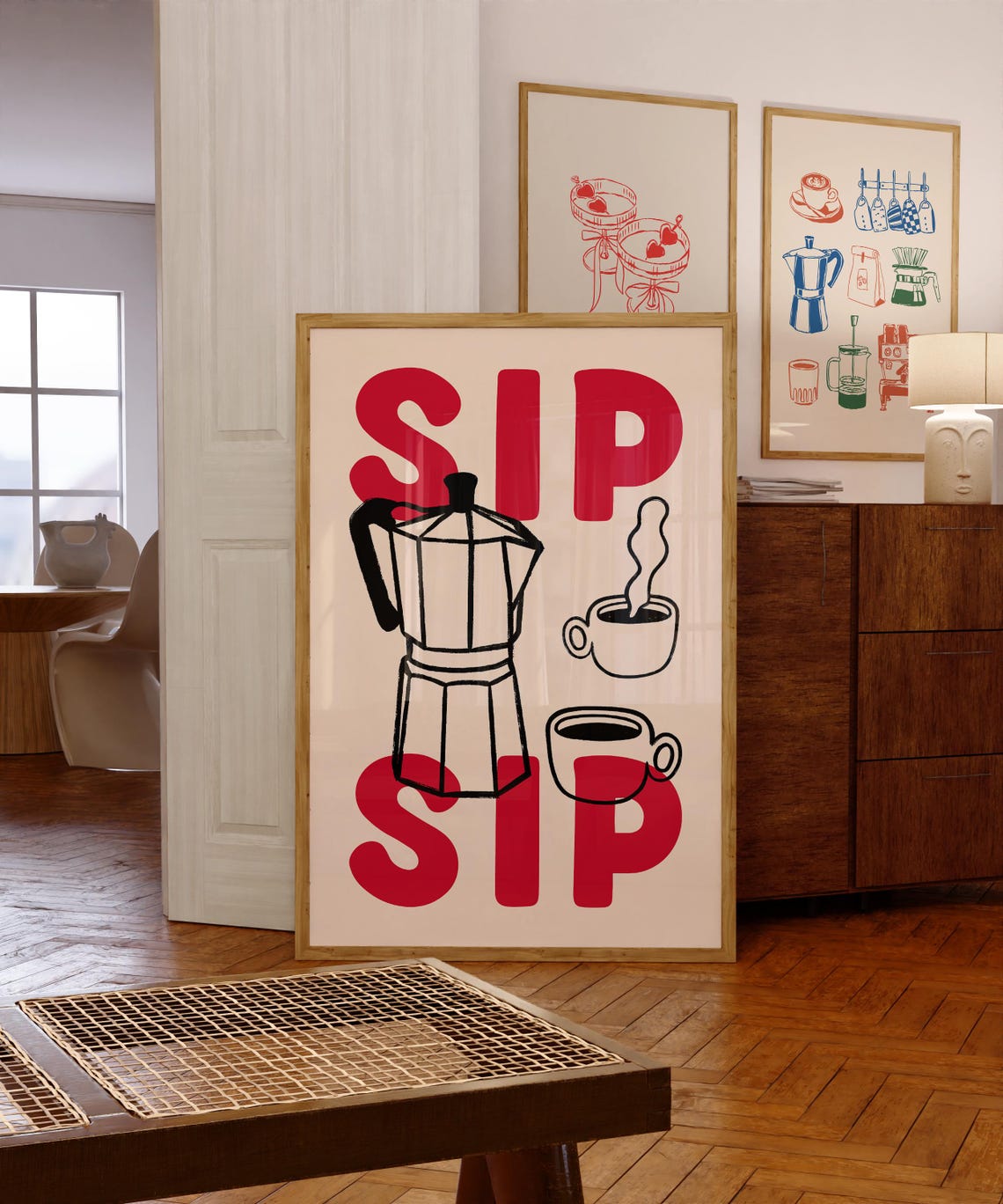 Sip Sip Moka Pot Espresso Cups Red Black Bold Kitchen Poster - Image 2