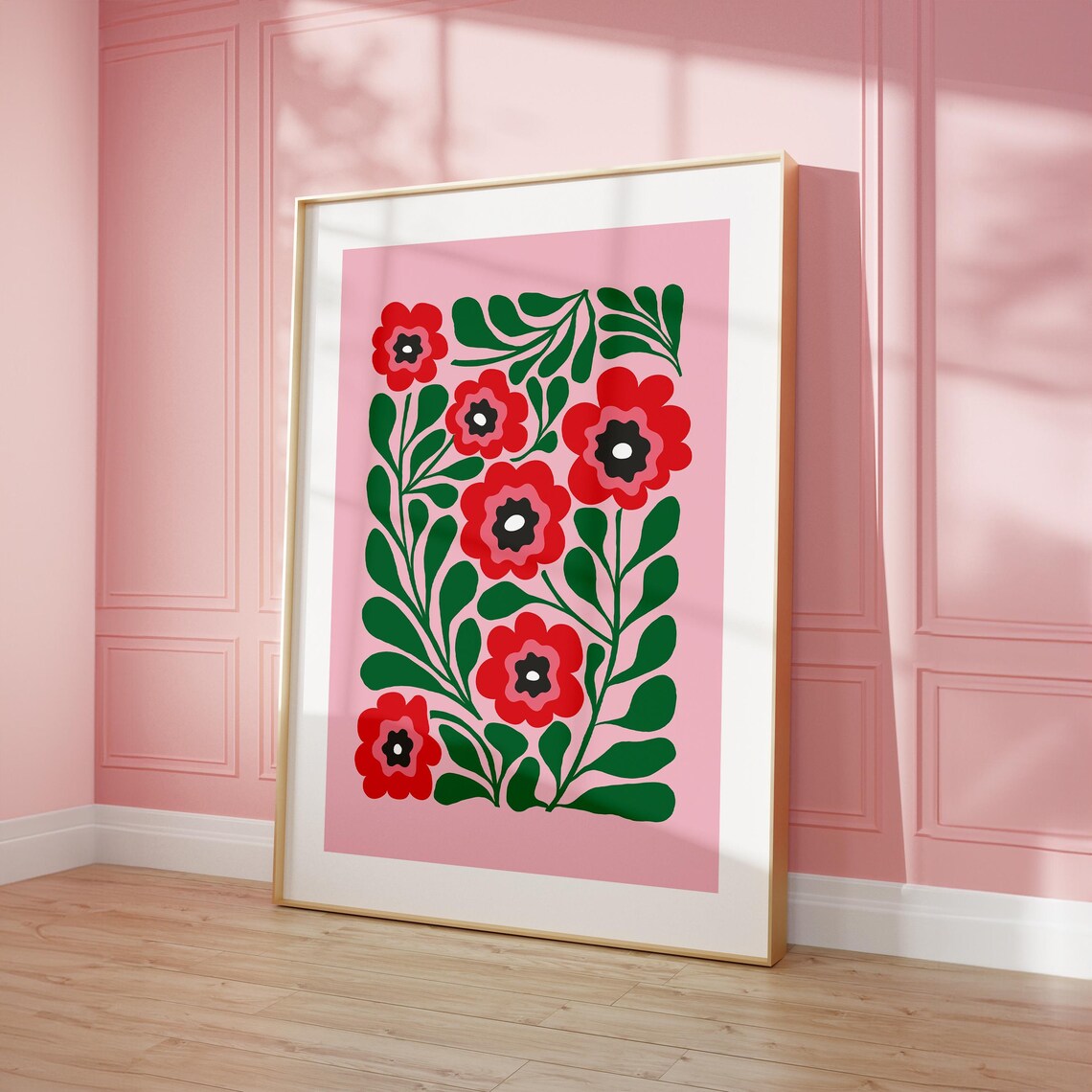 Bold Red Poppies Green Foliage Pink Folk Art Retro Floral Poster - Image 5