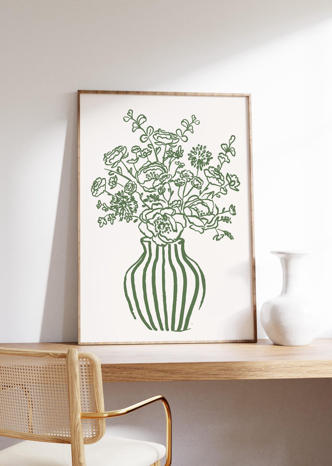 Green Line Art Flowers In Striped Vase Botanical Minimal Wall Poster - Image 2