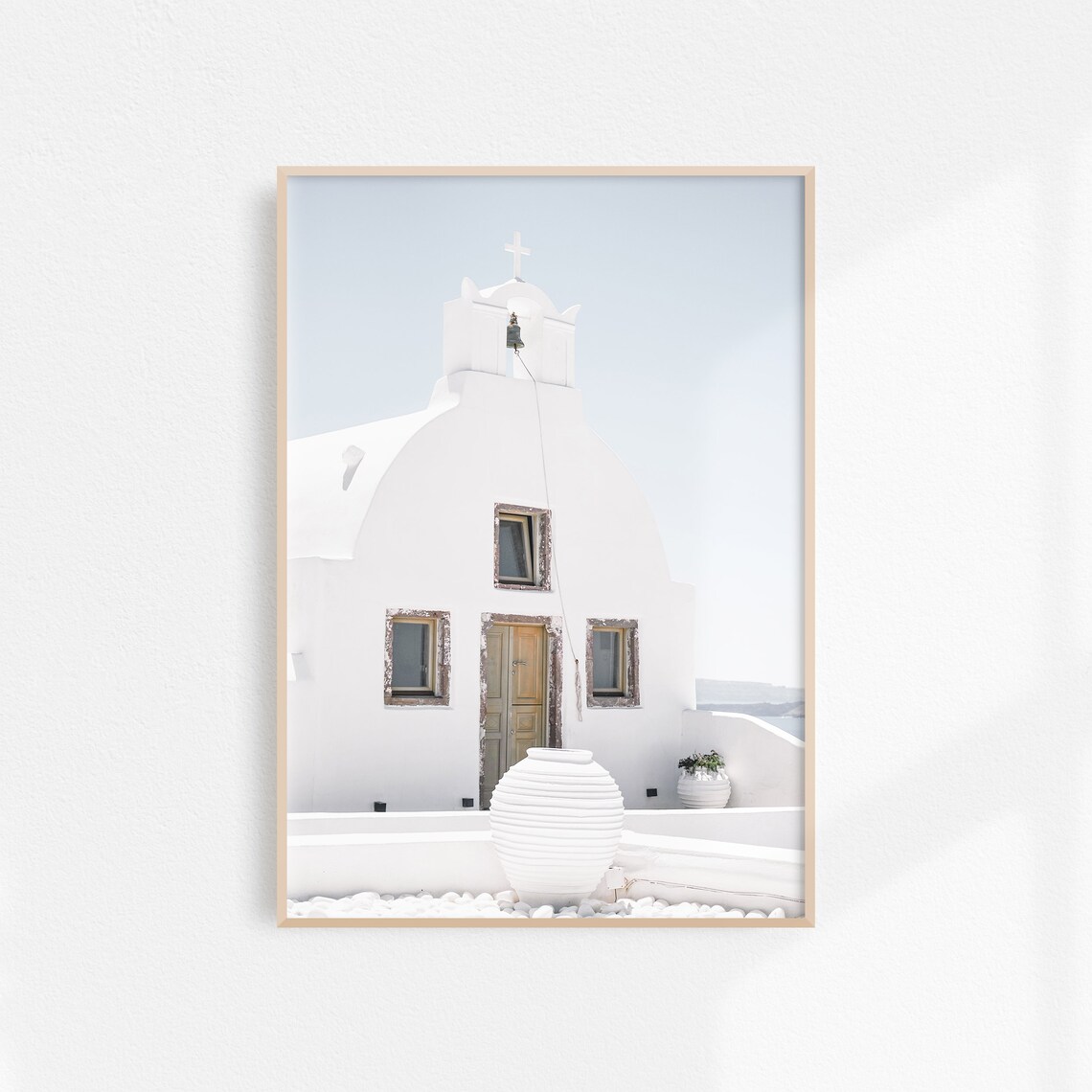 White Greek Island Church With Bell Tower And Clay Pots Poster
