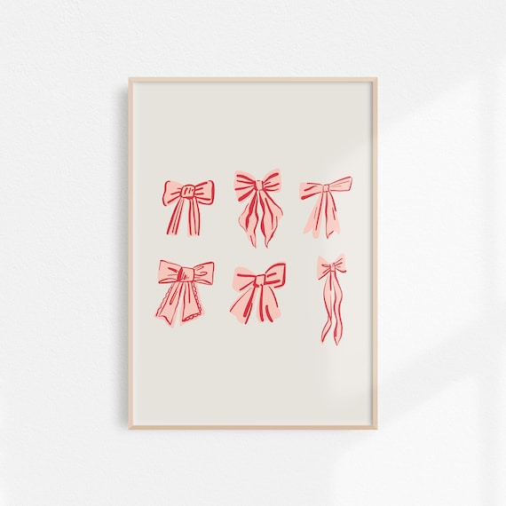 Bows Art Coquette Room Decor Preppy Poster Clean Girl Aesthetic Room Decor Red Pink Cute Prints Trendy Wall Art