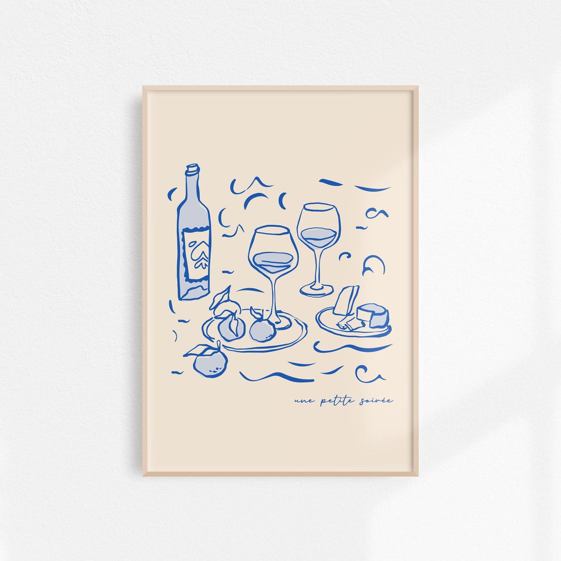 Une Petite Soiree French Wine And Cheese Line Art Blue Poster - Image 6