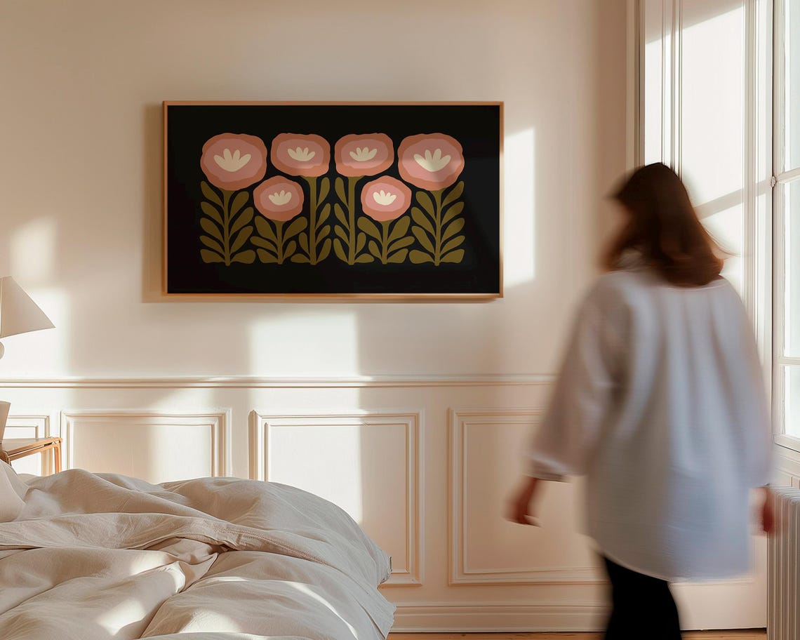 Moody Black Background Terracotta Bloom Retro Floral Wall Poster - Image 6