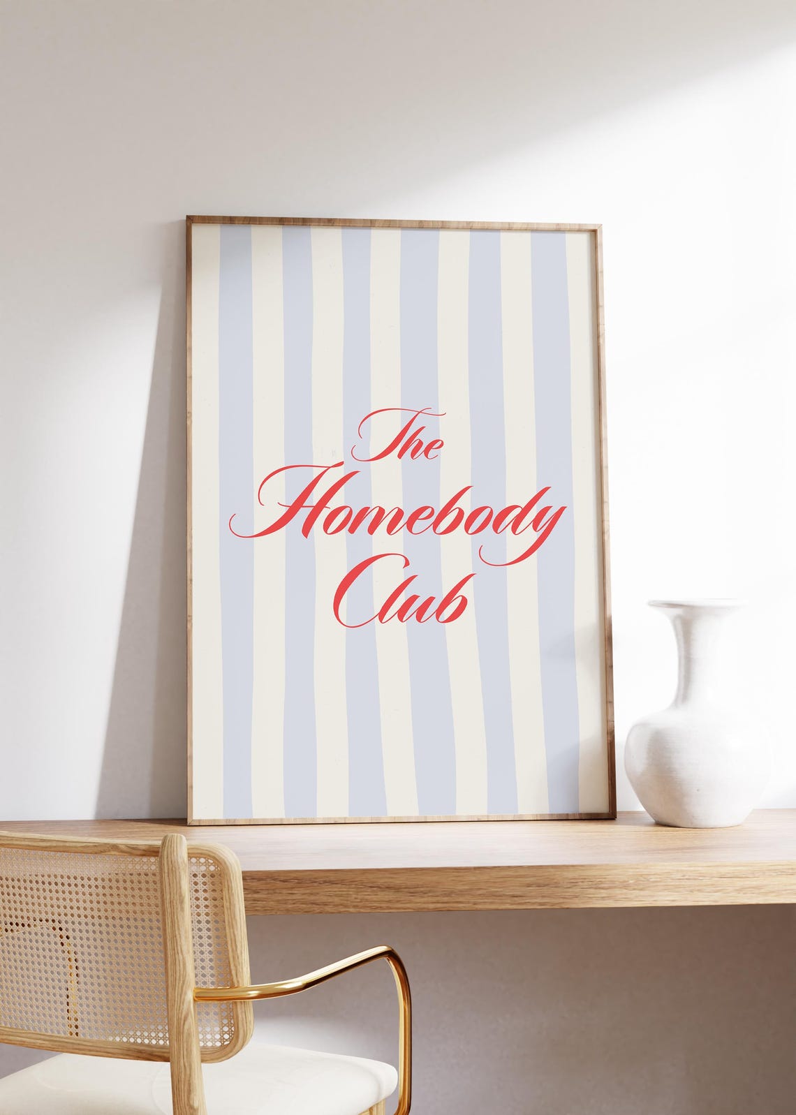 Cozy The Homebody Club Script on Blue Stripes Bedroom Art Poster - Image 2