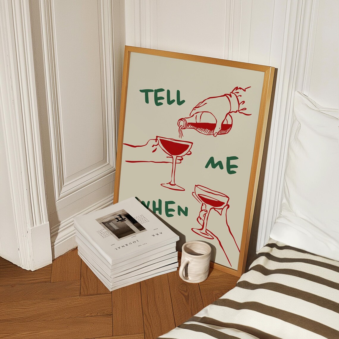Tell Me When Pink Wine Pour Hand Drawn Green Retro Cheers Wall Art - Image 5