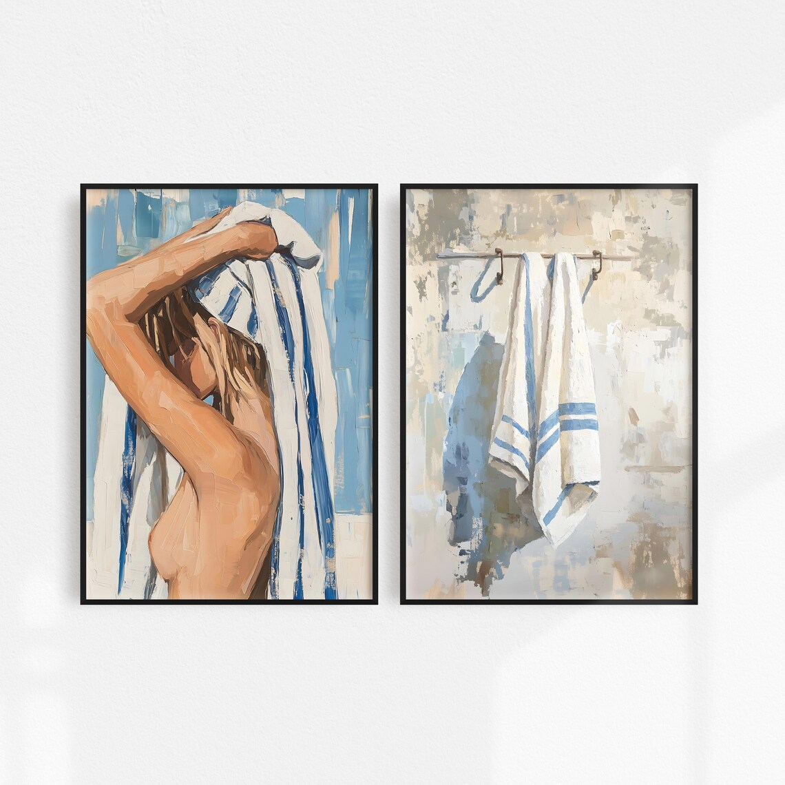 Blue And White Bathroom Painting Set Woman With Towel Nude Art Poster - Image 6