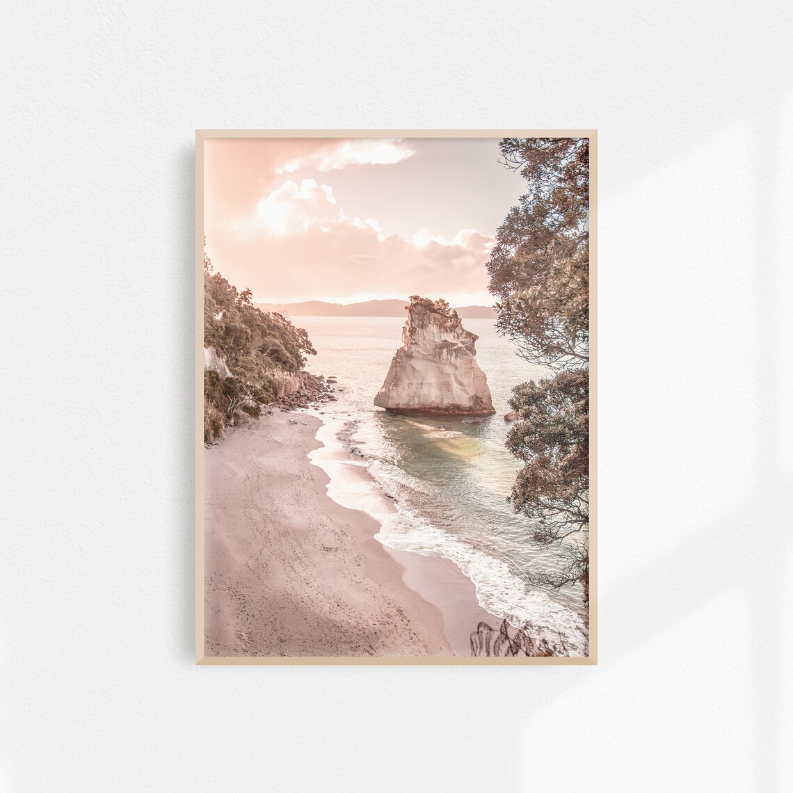New Zealand Sea Stack at Sunset in Soft Blush Pink Tones Poster