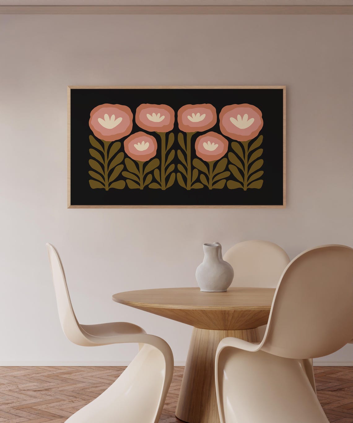 Moody Black Background Terracotta Bloom Retro Floral Wall Poster - Image 3