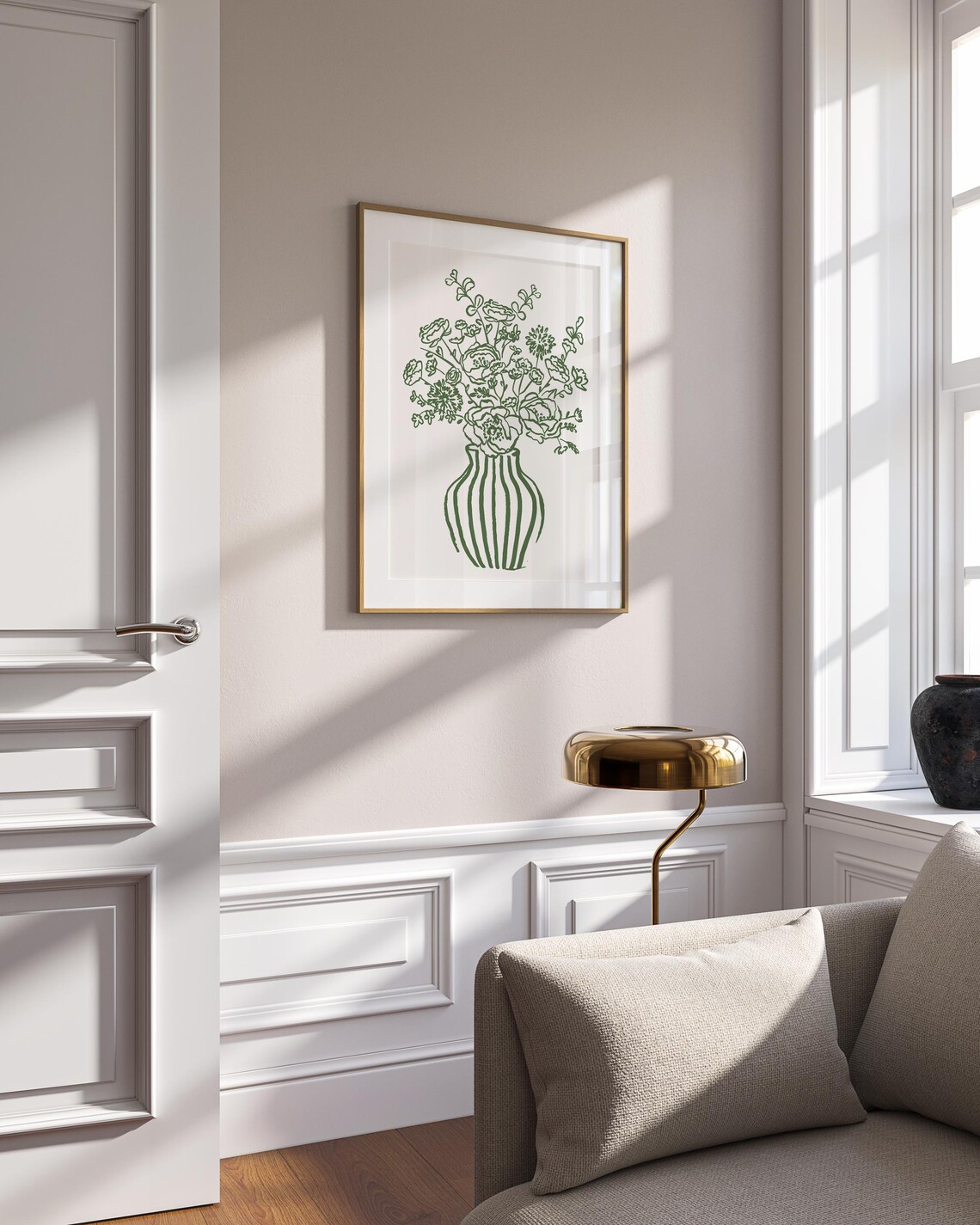 Green Line Art Flowers In Striped Vase Botanical Minimal Wall Poster - Image 3