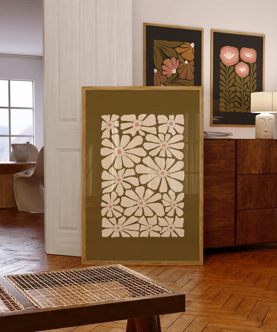 Olive Green White Floral Boho Fall Art Print - Image 3