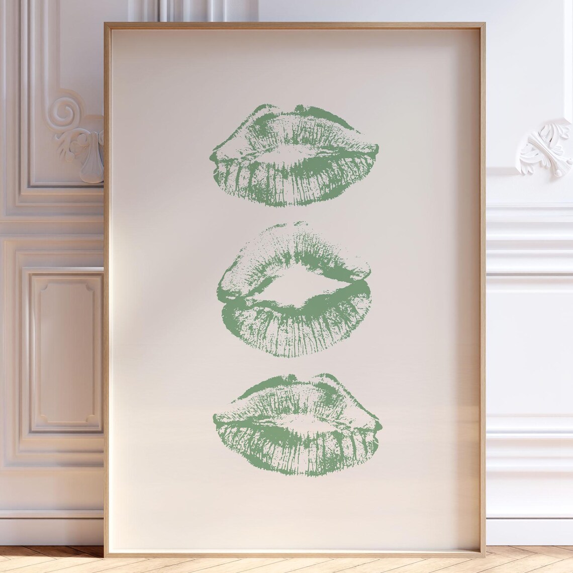 Sage Green Lipstick Kiss Marks Retro Girly Dorm Room Wall Art