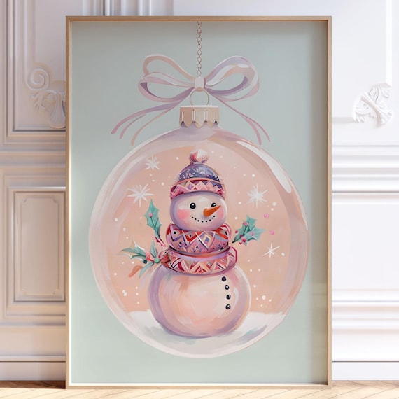 Pink Snowman in Hanging Christmas Ornament Pastel Holiday Poster