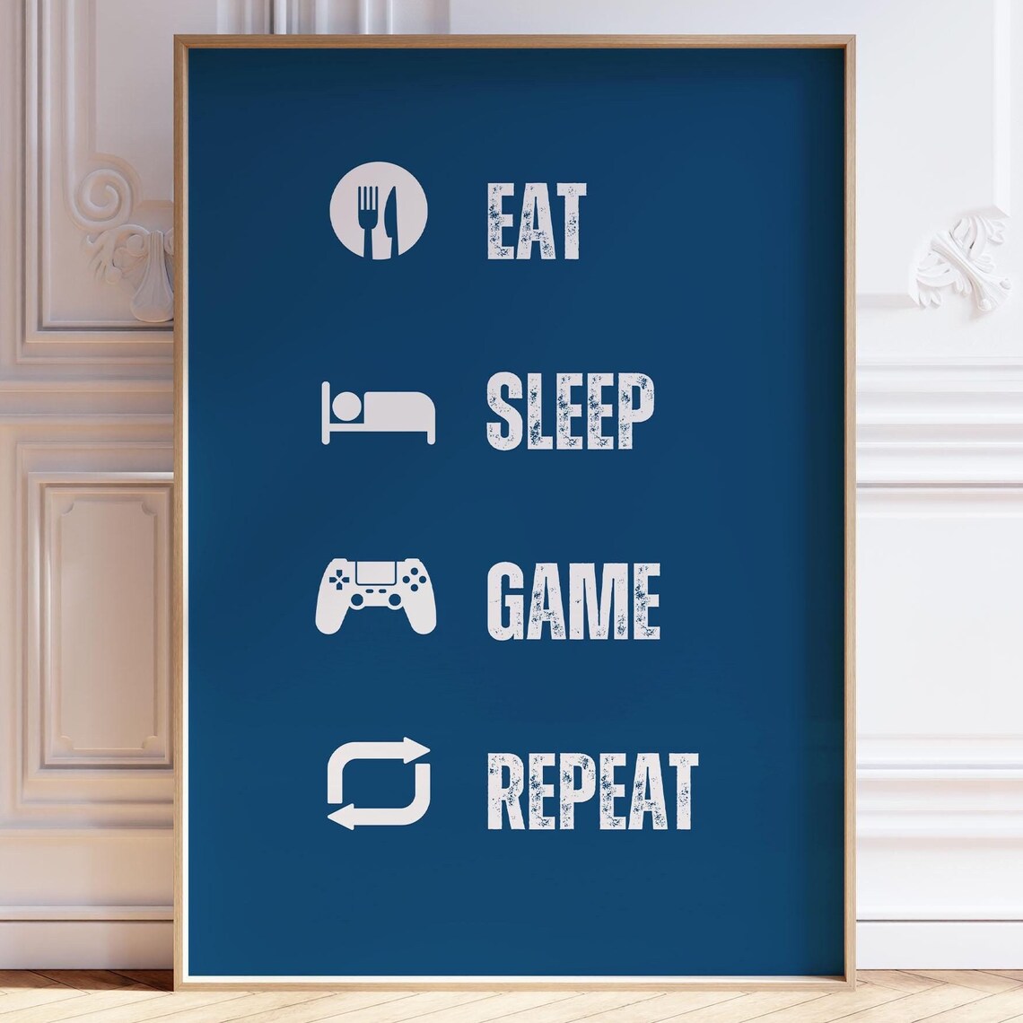 Eat Sleep Game Repeat Navy Blue Gaming Quote Teen Boys Room Poster