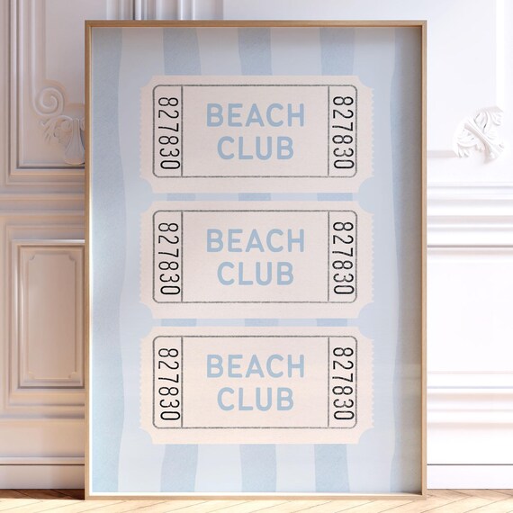 Beach Club Vintage Ticket Art Print with Blue Coastal Stripes