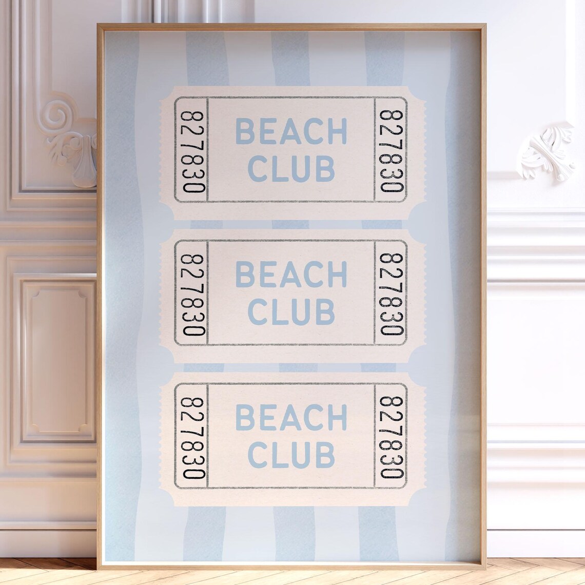 Beach Club Vintage Ticket Art Print with Blue Coastal Stripes