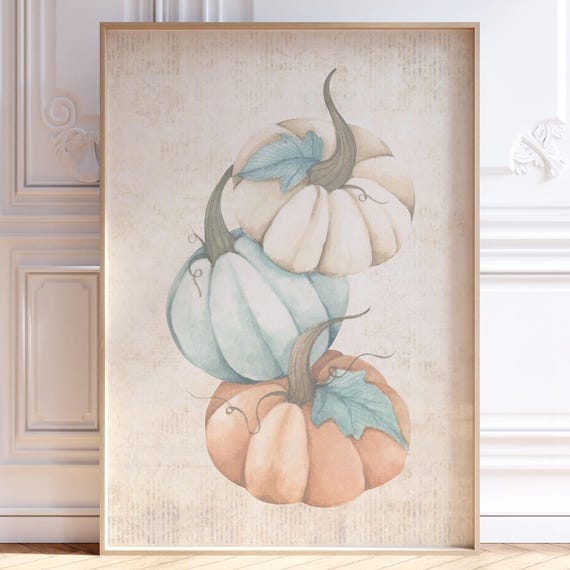 Pumpkin Stack Print Neutral Orange Teal Fall Wall Art Autumn Poster Vintage Seasonal Decor Thanksgiving Farmhouse