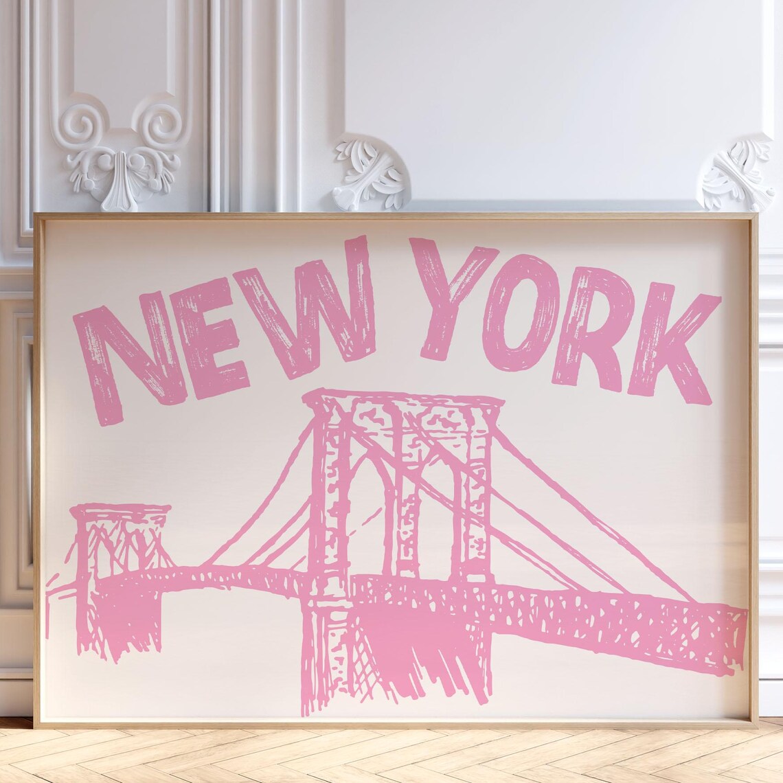 New York Brooklyn Bridge Pink Sketch Retro City Travel Art Poster