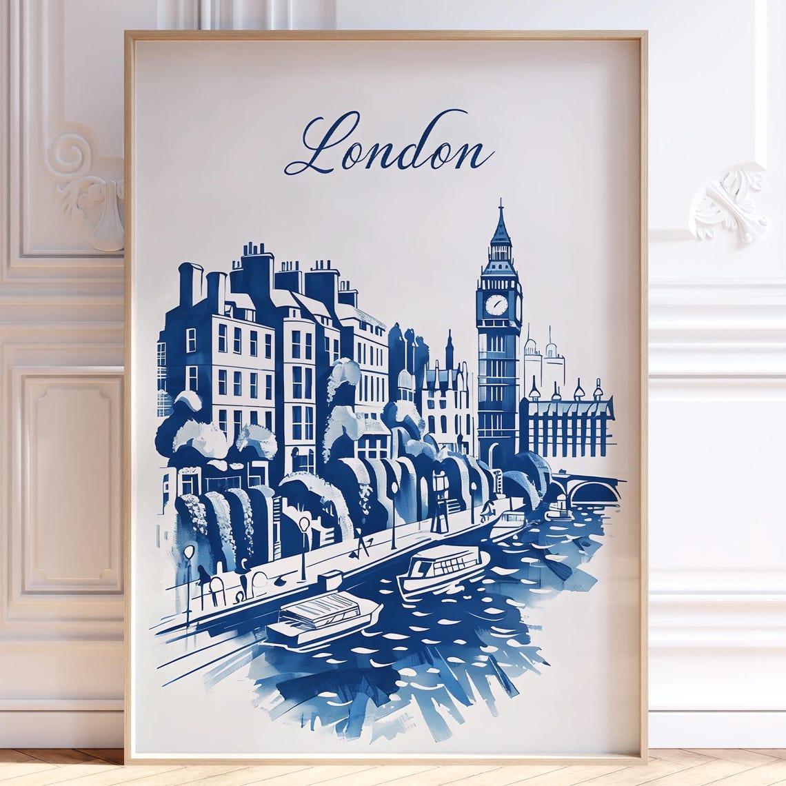 London England Big Ben Thames Blue Ink Sketch Style Travel Poster