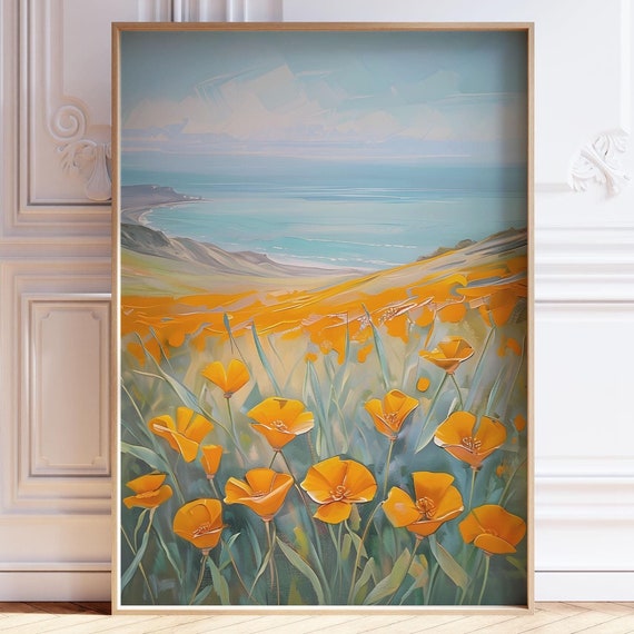 Poppy Wall Art Print Floral Golden Poster Botanical Ocean Landscape