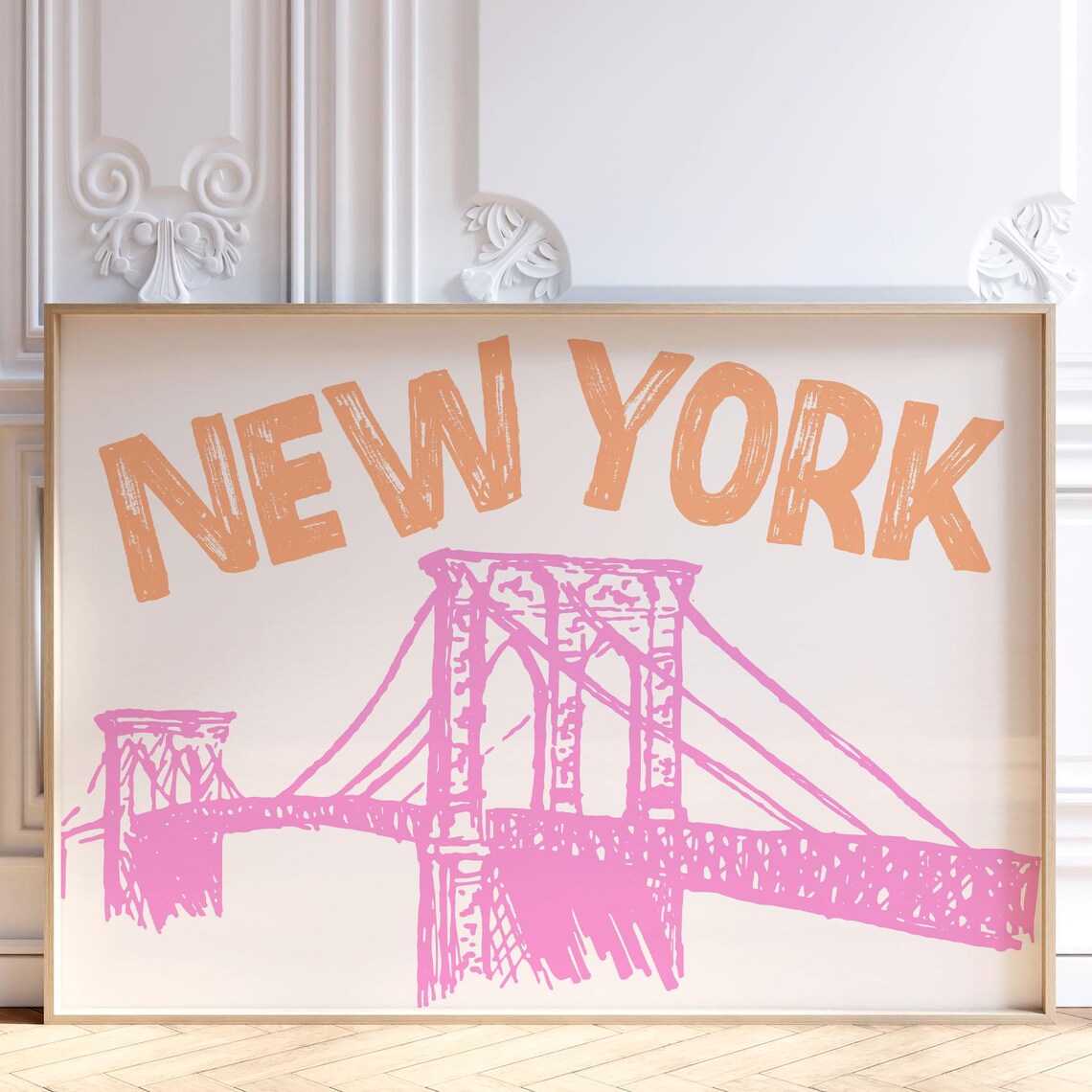 Playful New York Pink Brooklyn Bridge Sketch Retro City Print