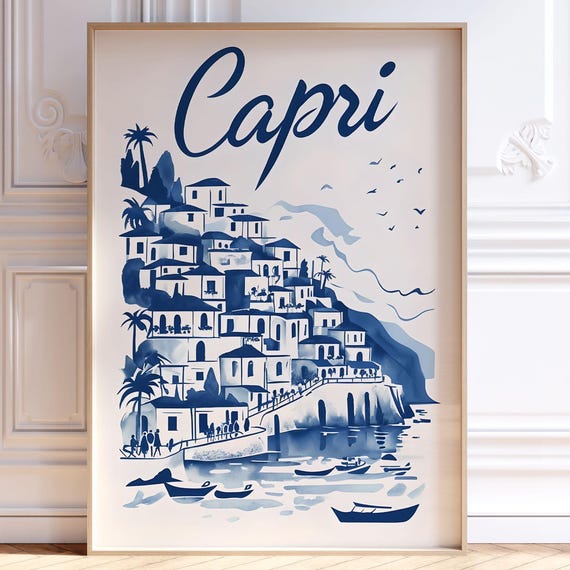 Capri Italy Retro Travel Poster, Trendy Cityscape