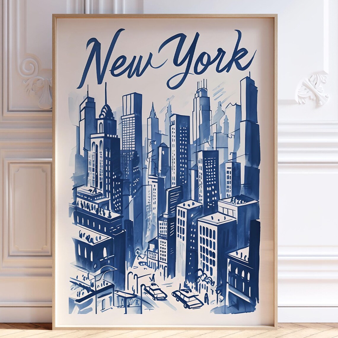 New York City Retro Travel Poster, Hand Drawn Cityscape Sketch