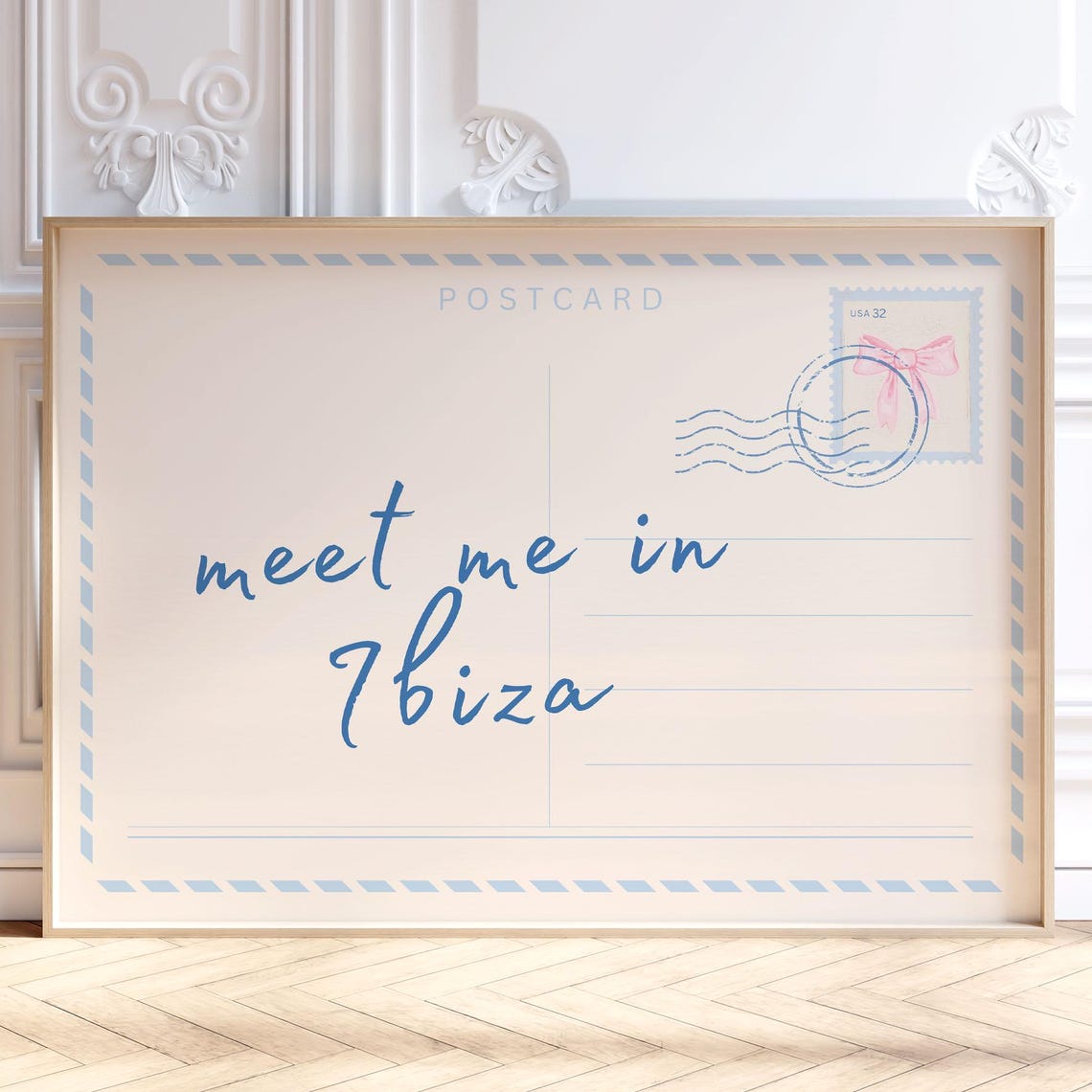Meet Me In Ibiza Blue Script Postcard Travel Print Beach Decor
