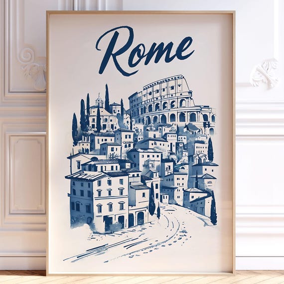 Rome Italy Travel Poster Retro Print Navy Blue Trendy Wall Art Hand Drawn Cityscape Sketch Dorm Room Decor
