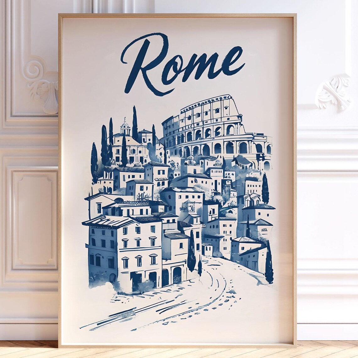 Rome Italy Navy Blue Ink Sketch of Colosseum Skyline Travel Poster