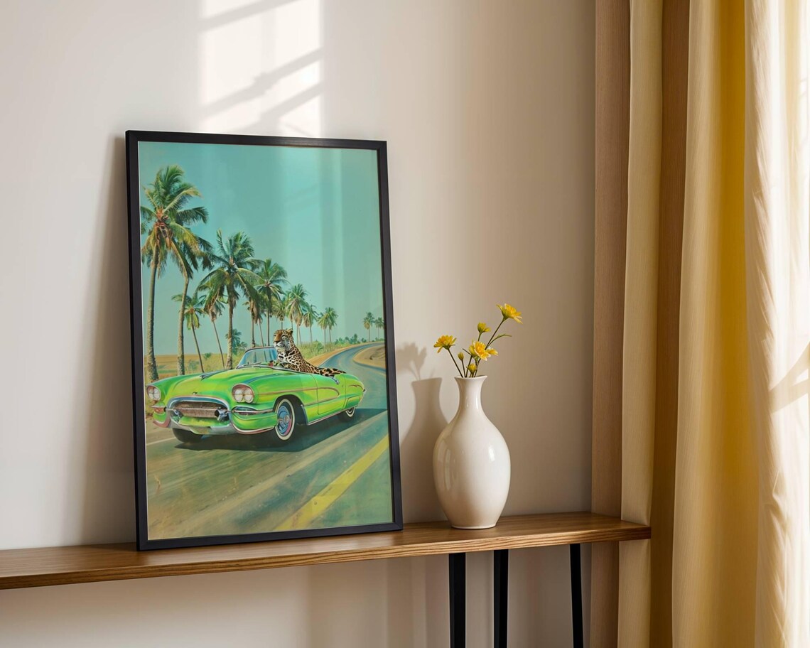 Retro Green Convertible Cheetah Driver Palm Road Wall Poster