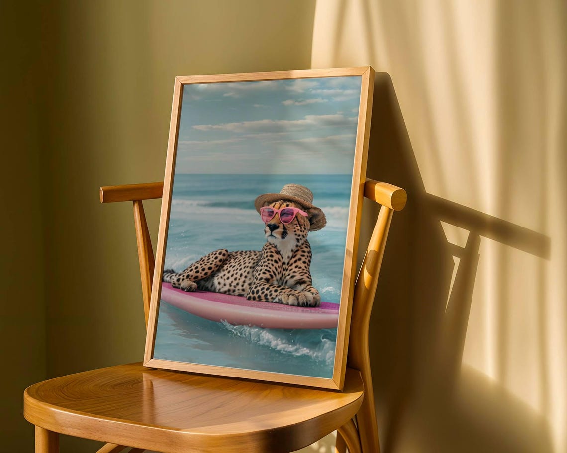Cheetah Surfing Tropical Surfboard Wall Art Print - Image 2