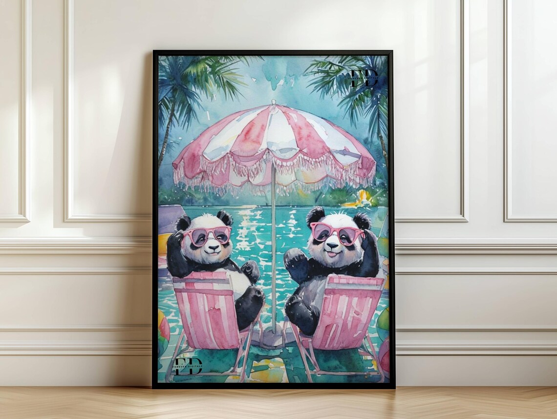 Pandas In Pink Sunglasses Pool Party Funny Animal Wall Poster