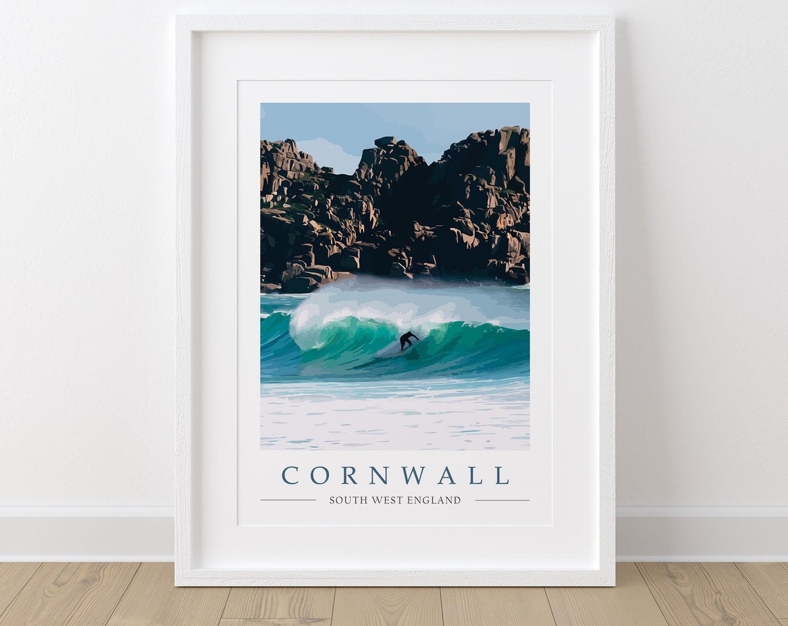 Cornwall South West England Surfer Riding a Turquoise Wave Poster